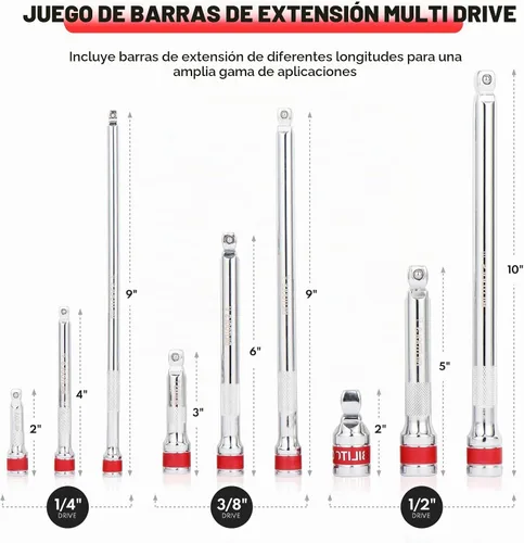 Vista 3 de BILITOOLS Juego de extensión articulada, 9 piezas de 1/4", 3/8" y 1/2" de encastre de trinquete de extensión flexible, acero Cr-V