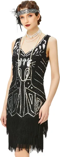 Vista 18 de BABEYOND Vestido de mujer con estilo charlestón de los años 20, cuello en V, con cuentas y flecos, estilo Gran Gatsby