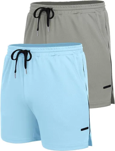 Vista 4 de COOFANDY Paquete de 2 pantalones cortos de entrenamiento de gimnasio para hombre, pantalones de malla ligeros para culturismo, entrenamiento