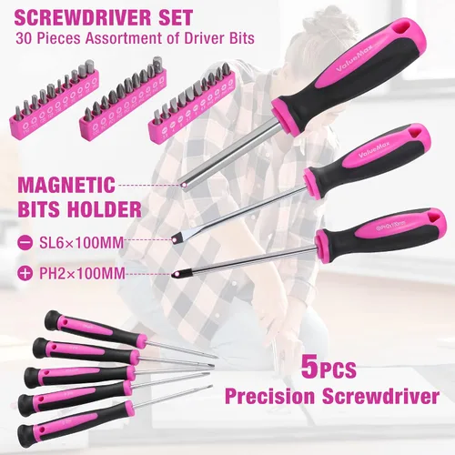 Vista 6 de ValueMax Kit de herramientas rosa, juego de herramientas de reparación del hogar de 218 piezas, kit de herramientas para el hogar con bolsa