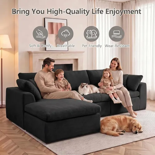 Vista 7 de Sofás seccionales de nube deshuesada de 110 pulgadas para sala de estar, sofá modular en forma de L con otomana, moderno y cómodo sofá nube con Negro