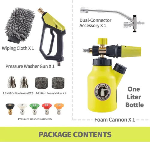 Vista 2 de Kit de cañón de espuma REALYOU con pistola de lavadora a presión, pistola de espuma para lavar autos, 5 puntas de boquilla de lavadora a presión