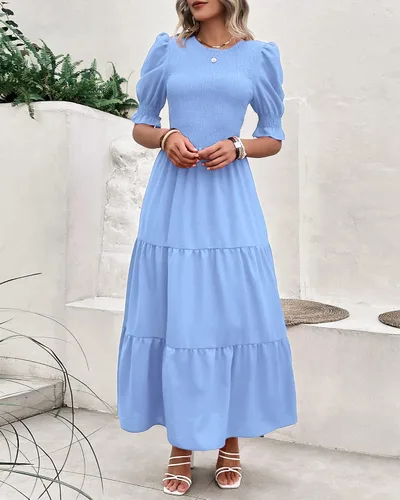 Vista 7 de BTFBM Vestidos para mujer, cuello redondo, casual, de verano, con volantes, manga corta, bohemio, con niveles, fruncido, largo, con estampado floral