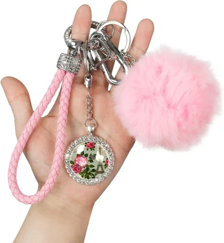 Vista 2 de Juego de llaveros con diseño de flores moradas de zorro para mujeres y niñas con llavero con pompones, 8 piezas de accesorios portátiles