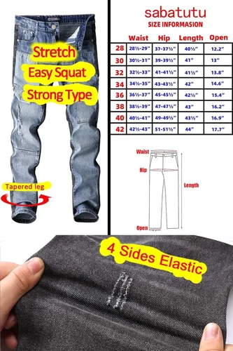 Vista 4 de SABATUTU Pantalones de mezclilla ajustados para hombre, elásticos, rasgados, desgastados, de pierna recta, a la moda, cintura alta y flexible