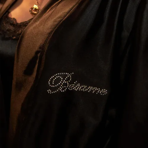 Vista 8 de Besame Babydoll - Conjunto de ropa de dormir de encaje de satén brillante para mujer Kimono negro