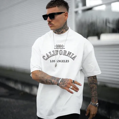 Vista 5 de GORGLITTER Camiseta de manga corta con cuello redondo para hombre, casual, hombros caídos, camiseta de gran