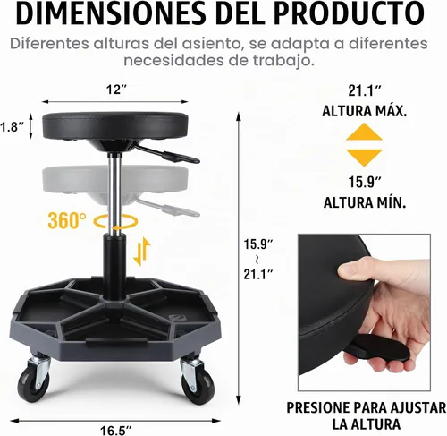 Vista 3 de Olympia Tools Taburete mecánico hidráulico ajustable con bandeja de herramientas extraíble, capacidad máxima de peso de 300 libras, 419-110-1002