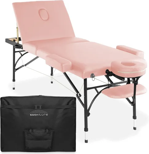 Vista 9 de Saloniture Mesa de masaje profesional portátil ligera de tres pliegues con patas de aluminio, incluye reposacabezas, soporte facial, reposabrazos