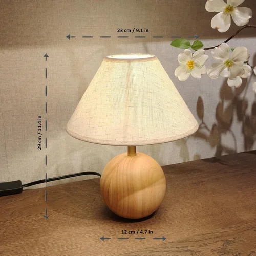 Vista 6 de lámpara de mesa de madera para recámara, lámpara de escritorio pequeña con pantalla de tela de lino para sala de estar, lámparas de ambiente