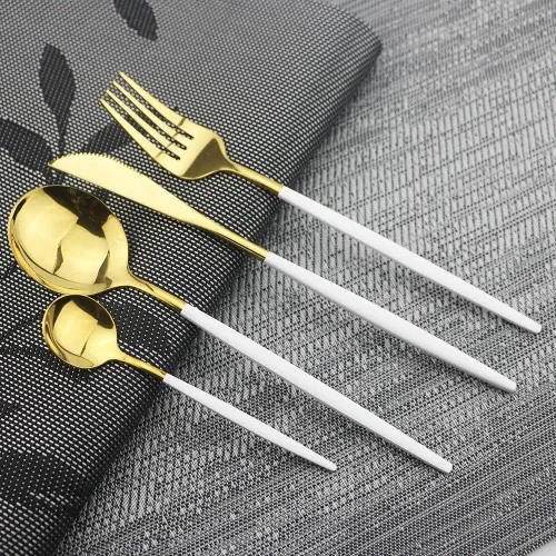 Vista 3 de JASHII Juego de cubiertos de acero inoxidable, 8 piezas de cubiertos 18/10, incluyendo tenedor, cucharas, cuchillo, vajilla de servicio para 2