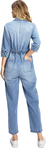 Vista 2 de Lana Roux Overol de mezclilla de pierna recta para mujer Aviator Utility Relax