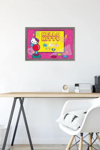 Vista 6 de Trends International Hello Kitty: Póster de pared Kawaii Arcade de 22.4 pulgadas de largo x 14.7 W, versión enmarcada de madera de granero