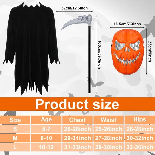 Vista 2 de Toulite Disfraz de calabaza de espantapájaros de Halloween, juego de disfraz de calabaza parca de calabaza, máscara de calabaza, bolsa de dulces