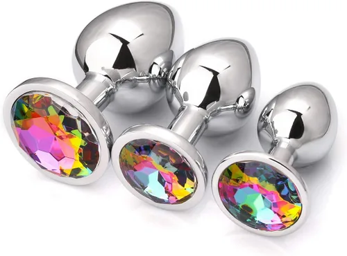 Vista 16 de AKStore 3 tapones anales fetiches de acero inoxidable con diseño de joyas lujosas para fantasías sexuales de bondage, tamaños grande, mediano y Negro