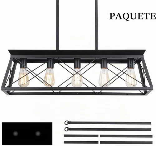 Vista 5 de Candelabros de granja para comedor, lámpara rústica para isla de cocina, lámpara colgante lineal de 5 luces, lámpara rectangular, luces de techo