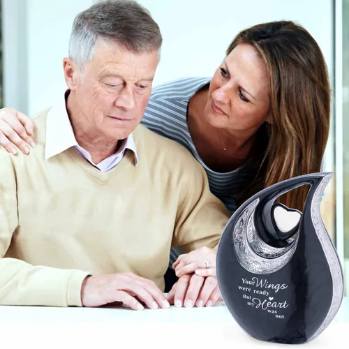 Vista 3 de Gran urna de lágrima negra con corazón plateado para cenizas humanas masculinas - Urnas para hombres y mujeres adultos - Urnas de cremación