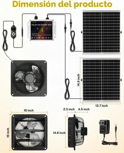 Vista 7 de Ventilador de escape solar de 14" para invernadero con batería recargable
