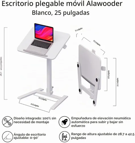 Vista 3 de alawooder 25" Mobile Folding Desk: Pneumatic Sit-Stand, No Assembly Escritorio para portátil con ruedas ajustables de 29 a 42 pulgadas, ruedas Blanco