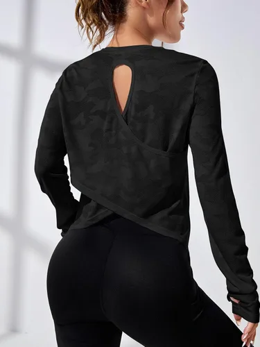 Vista 4 de SweatyRocks Camiseta deportiva ligera de manga larga para mujer, camiseta deportiva con espalda cruzada para yoga