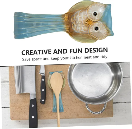 Vista 2 de Yardwe Soporte para cucharas de búho, herramientas de decoración, utensilios de servir para bufé, cucharas de sopa, plato de cerámica para reposo