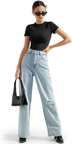 Vista 5 de SUUKSESS Camiseta básica ajustada de doble forro para mujer, cuello redondo, manga corta, Y2K