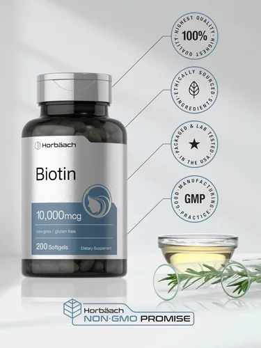 Vista 6 de Horbäach Biotin 10000 mcg 200 cápsulas blandas con vitamina B7 Suplemento de fórmula de belleza Sin OMG y sin gluten