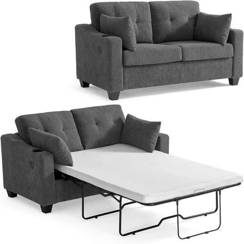 Vista 9 de CHIC HOUSE Sofá cama extraíble, sofá cama tamaño completo, sofá convertible 2 en 1 de pana con carga USB, sofá de espuma viscoelástica para sala