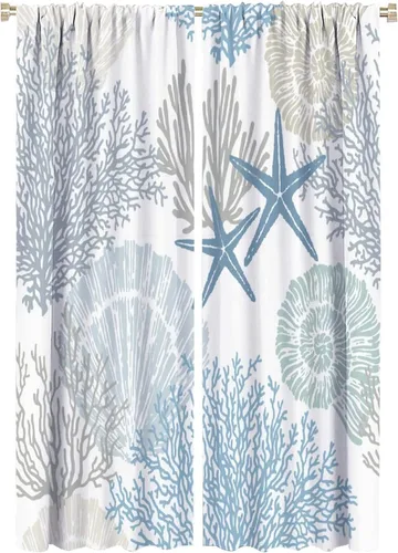 Vista 48 de JESTRONRY Cortina de playa azul y blanca con diseño de estrella de mar y conchas marinas con aislamiento térmico, para oscurecer la habitación, 2