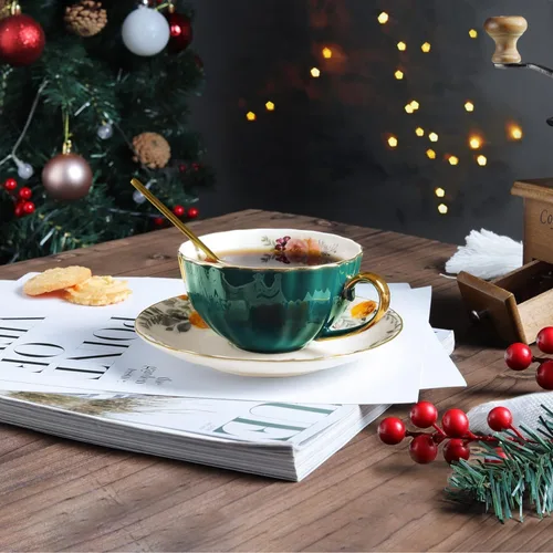 Vista 4 de ONEUSTAR Juego de taza de té y platillo para 1 taza de té floral de porcelana de hueso con cuchara, taza de café de 8 onzas, taza de capuchino latte