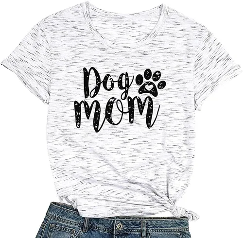 Vista 6 de Camisetas para mujer con diseño de huellas de perro y cuello redondo, manga corta, para mamá