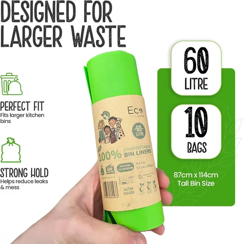 Vista 3 de Eco Green Living - Bolsas de basura biodegradables 100% compostables de 60 litros para residuos de alimentos, bolsas altas de cocina, veganas