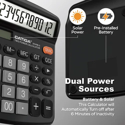 Vista 4 de CATIGA - Calculadora de escritorio de 12 dígitos, calculadoras de escritorio con pantalla LCD grande y botones grandes, calculadora solar básica