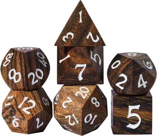 Vista 18 de Juego de dados D&D de sándalo rojo, dados poliédricos de madera natural con caja de lata de metal para juegos de rol y juegos de mesa