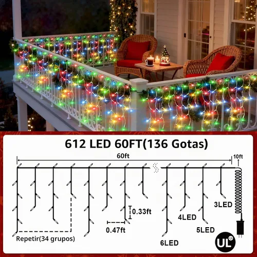 Vista 7 de Luces de carámbano de Navidad para exteriores, 60 pies, 612 luces LED, multicolor