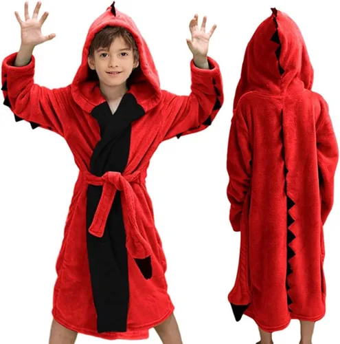 Vista 7 de LOLANTA Bata de baño para niños y niñas, con capucha, forro polar de dinosaurio, suave, con cinturón, ropa de dormir suave