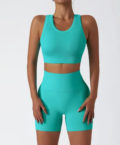 Vista 15 de Conjuntos de entrenamiento para mujer, 2 piezas, sin costuras, acanalada, sin mangas, brasier deportivo, cintura alta, pantalones cortos