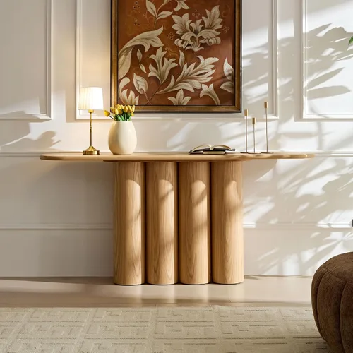 Vista 18 de 50" Modern Art Sculptural Console Table, Oval Cutout Legs, Wood Veneer, Thick Rounded Tabletop, Contemporary Entryway Sofa Table for Living Room