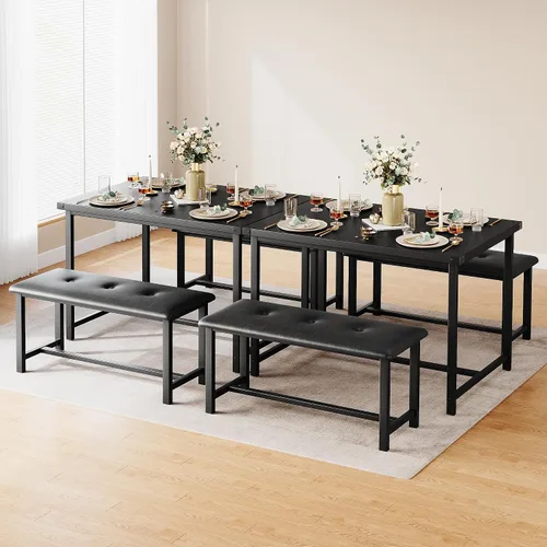 Vista 3 de Juego de mesa de comedor IDEALHOUSE para 4, mesa de cocina con banco tapizado, juego de mesa de comedor rectangular de 3 piezas con 2 bancos