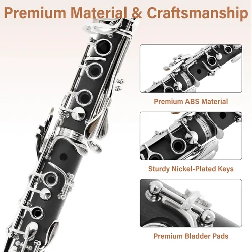 Vista 2 de Mendini by Cecilio Clarinete plano B para principiantes, clarinete Ebonite Bb con 2 barriles reemplazables, 10 cañas, soporte, bolsillo, boquilla