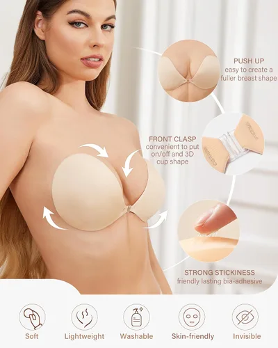 Vista 3 de HORISUN Brasier adhesivo sin tirantes, 2 pares de sujetadores con realce para mujer, invisible, reutilizable, sin espalda, con cubiertas