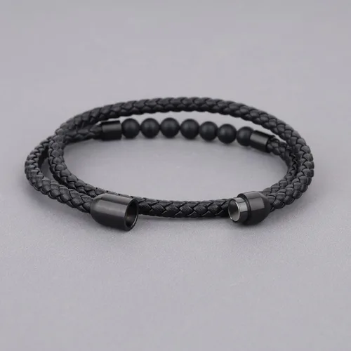 Vista 5 de COAI Pulsera de cuero con cuentas de piedra de doble capa
