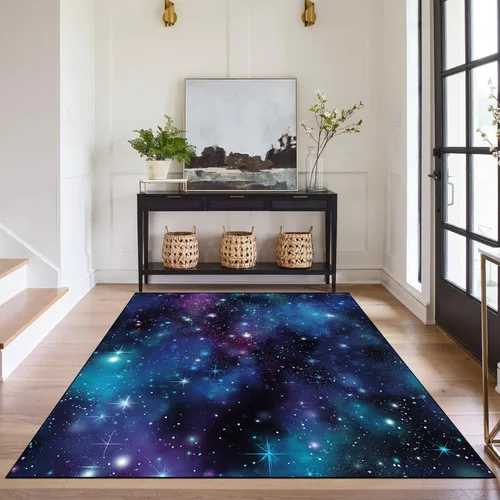 Vista 20 de Alfombra galaxia de 2 x 3 pies para habitación de niños, alfombra de cielo estrellado de pelo bajo, antideslizante, lavable, alfombra nebulosa