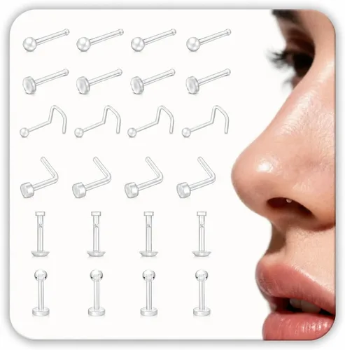 Vista 6 de 20Pcs Clear Nose Rings Retainer Set – 18G/20G I & L Shape Bioflex Studs, Flat & Round Top, 2mm Top, 8mm/10mm – Invisible Nose Piercing Jewelry for