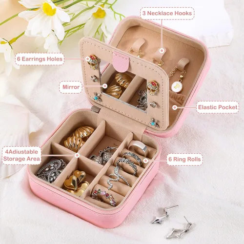 Vista 4 de URSKYTOUS Joyero pequeño de viaje con joyero con inicial, mini organizador de joyas para mujeres, portátil, personalizado, adolescente, niñas