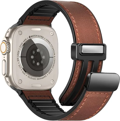 Vista 30 de Correas de cuero magnéticas compatibles con Apple Watch 42mm (Serie 10/11) 41mm 40mm 38mm para hombres y mujeres, cuero genuino con hebilla
