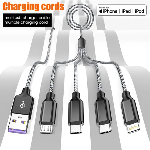 Vista 5 de Doub Tyep-C 4 en 1 cable de carga múltiple de 4 pies, cable de carga de nailon trenzado Lightning para iPhone, cable de carga universal con tipo C