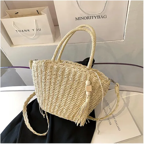 Vista 2 de Bolsos de paja para mujer, para verano, playa, tejido de ratán, con borla, para mujer