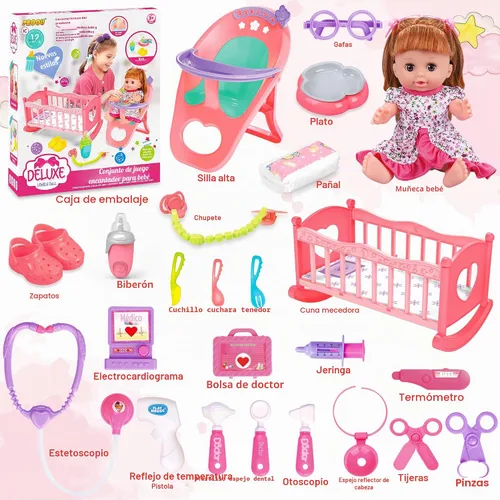 Vista 2 de Juego de juguetes para muñecas de bebé, juguetes de muñeca de 14", juego de juguetes para el cuidado de las muñecas de 25 piezas, juego de muñecas