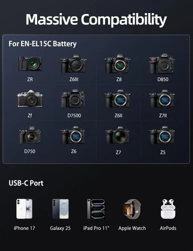 Vista 6 de llano Paquete de 2 baterías Aurora EN-EL15C de 2600 mAh y cargador USB-C de 20 W para Nikon Z8, Zf, Z6III, D850, Z7II, Z6II, Z7, Z6, D7500, D750